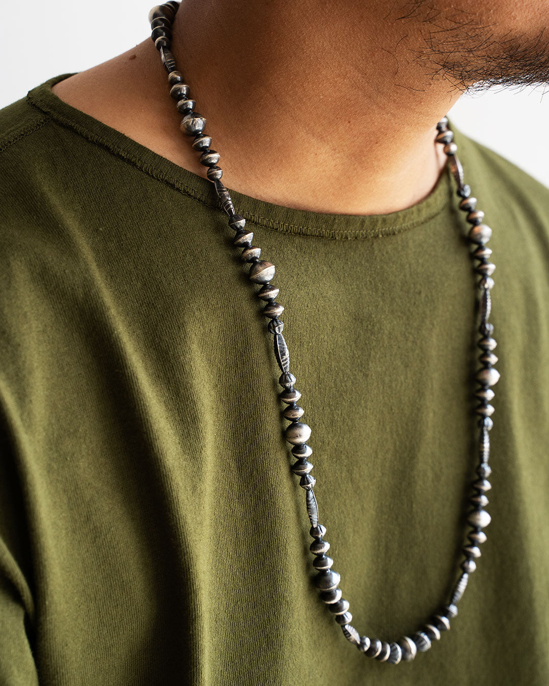 【Indian Jewelry】60-70s Vintage Navajo Pearl Handmade Silver Bead Necklace 『75cm』②