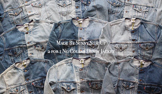 【Made By Sunny Side Up】2 for 1 No Collar Denim Jacket.センスの良い気の利いたリメイクジャケットが入荷です。