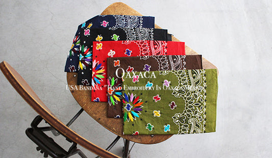 【Oaxaca / オアハカ】USA Bandana "Hand Embroidery In Oaxaca Mexico"手刺繍が施されたアメリカ製バンダナ。