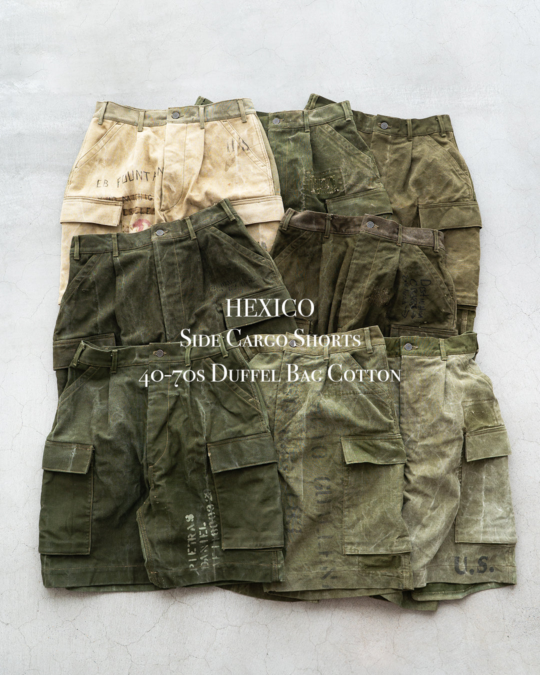 【HEXICO】Side Cargo Shorts 『US Military 40-70s Duffel Bag Cotton With 13 Stars Button』