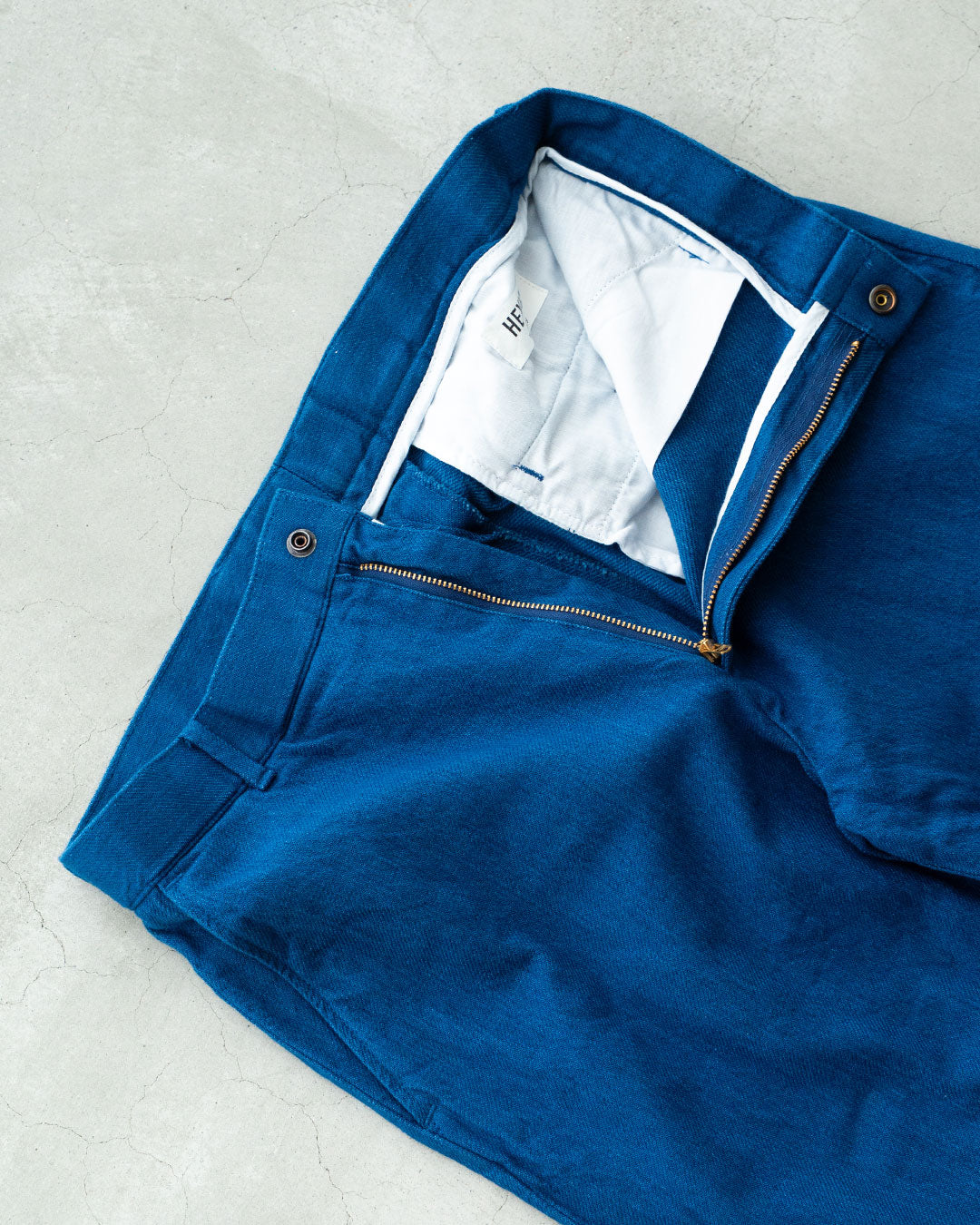 【HEXICO】Indigo Flannel Slacks 『30s Cinch Buckle Iron / 70-80s Talon 42 Brass』