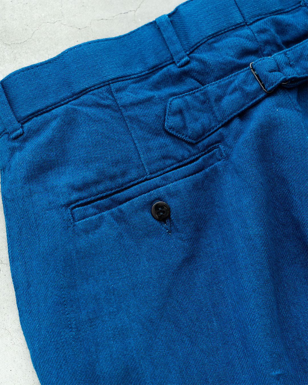 【HEXICO】Indigo Flannel Slacks 『30s Cinch Buckle Iron / 70-80s Talon 42 Brass』