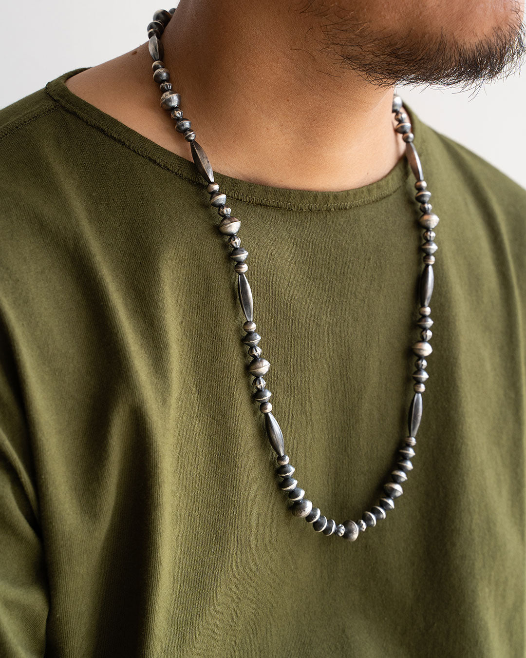 【Indian Jewelry】60-70s Vintage Navajo Pearl Handmade Silver Bead Necklace 『70cm』①